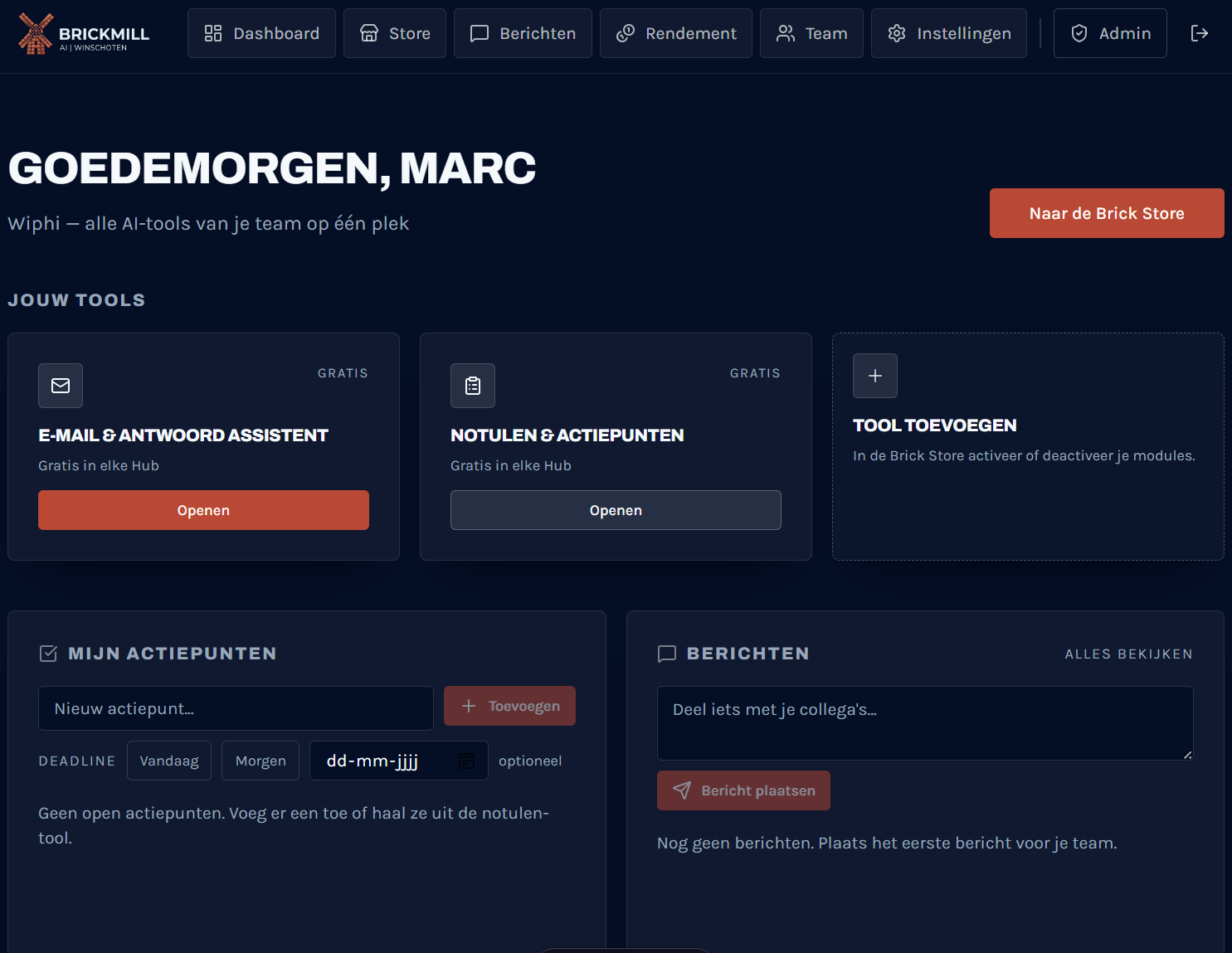 Het BrickMill AI Hub dashboard met actieve AI-tools, actiepunten en teamberichten